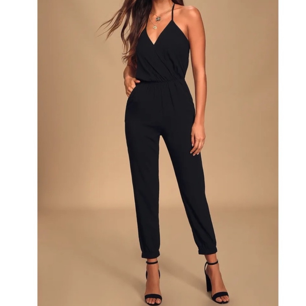 Lulus Learning to Fly Jumpsuit Halter Neck Black Large